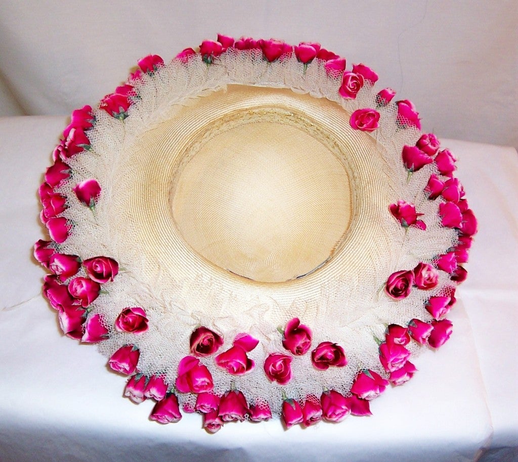 Jack McConnell White Straw Hat with Tulle & Rose Buds For Sale 4