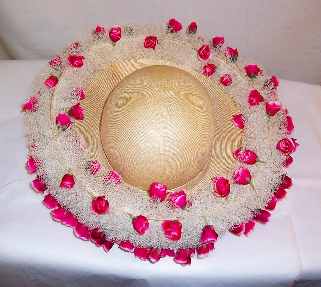 Jack McConnell White Straw Hat with Tulle & Rose Buds For Sale 5