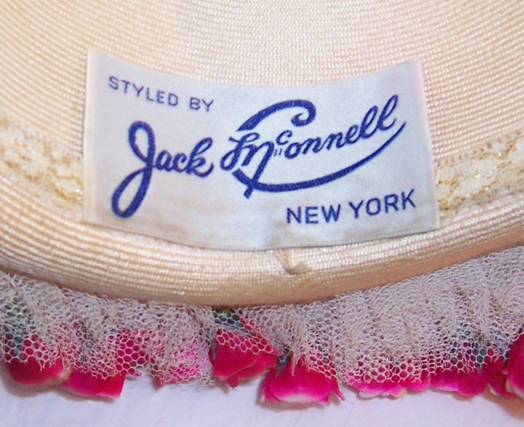 Jack McConnell White Straw Hat with Tulle & Rose Buds For Sale 6