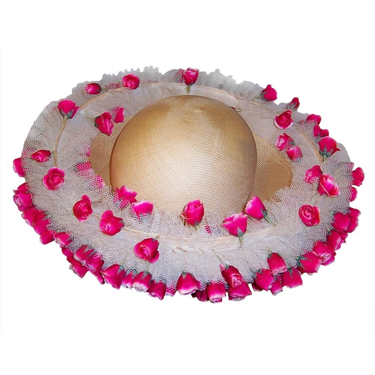 Jack McConnell White Straw Hat with Tulle & Rose Buds For Sale