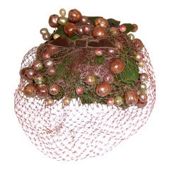 Vintage Springtime Chapeau with Pearlized Berries and Green Leaves