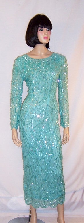 1980's Pale Turquoise Sequined & Beaded Gown