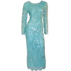 1980's Pale Turquoise Sequined & Beaded Gown