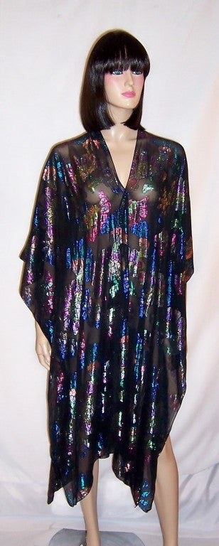 Black Evening Shawl with Stylized Floral Designs in Metallic Threads