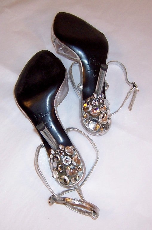 Dior Silver Leather & Swarovski Crystal Shoes In Excellent Condition For Sale In Oradell, NJ