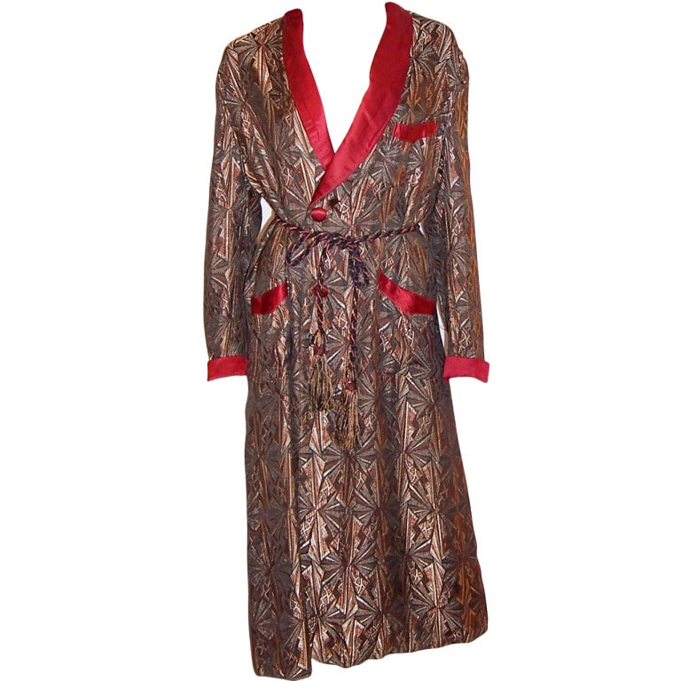 Men's Art Deco Brocaded Lounging Robe with Satin Trim For Sale