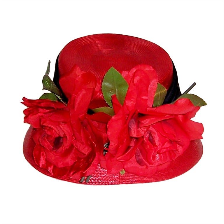 Christian Dior-Red Straw Chapeau with Rose Blossoms For Sale