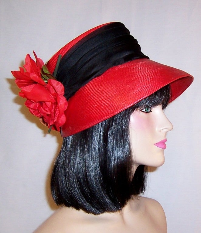 Christian Dior-Red Straw Chapeau with Rose Blossoms In Excellent Condition For Sale In Oradell, NJ