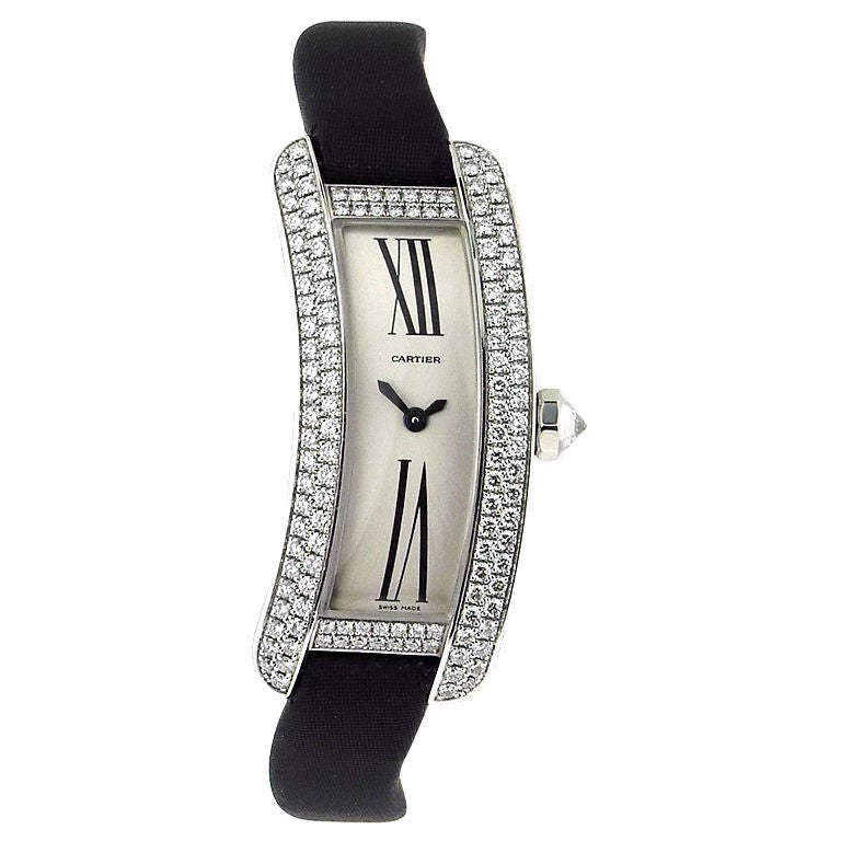 CARTIER Gold and Diamond-Set Curved Rectangular Wristwatch For Sale