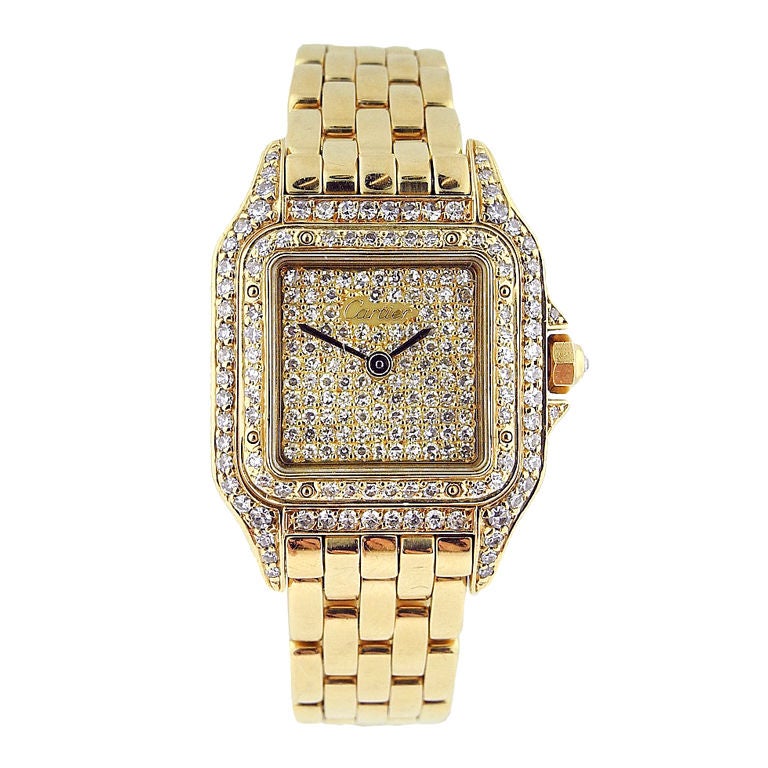 Cartier 'Panthere' Gold & Pave Diamond Dial, Full Diamond Case For Sale