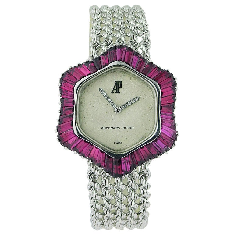 AUDEMARS PIGUET Gold Lady's Bracelet Watch/Baguette Ruby For Sale
