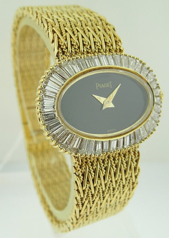 Women's Piaget, Gold Ladies Bracelet Watch W/Onyx Dial & Diamonds For Sale