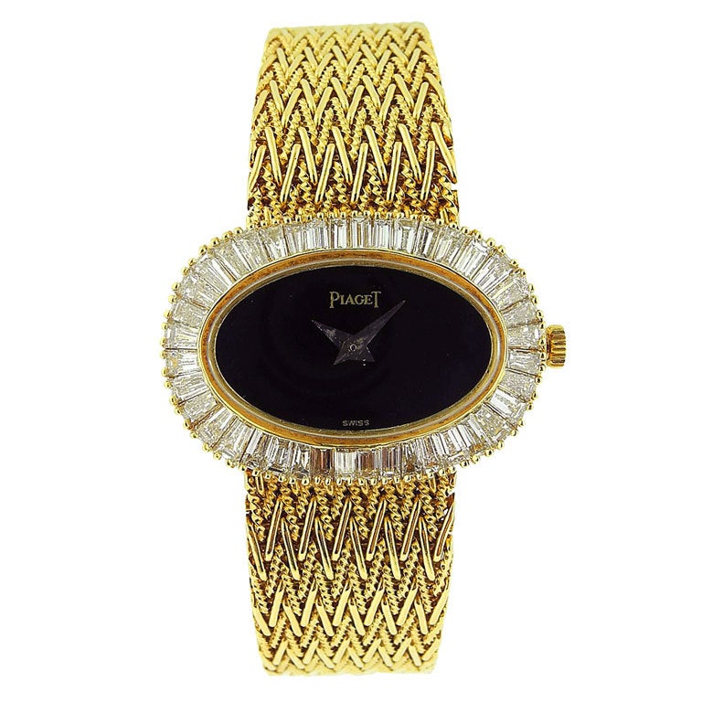 Piaget, Gold Ladies Bracelet Watch W/Onyx Dial & Diamonds For Sale