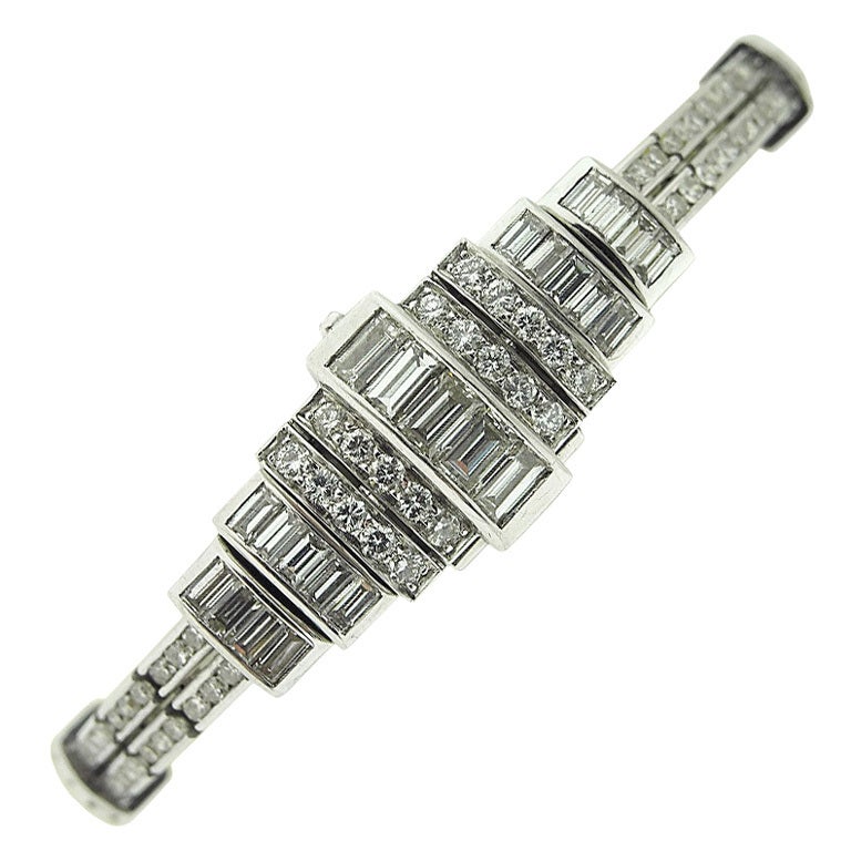 AUDEMARS PIGUET Art Deco Diamond Platinum B-Wind Bracelet-Watch For Sale