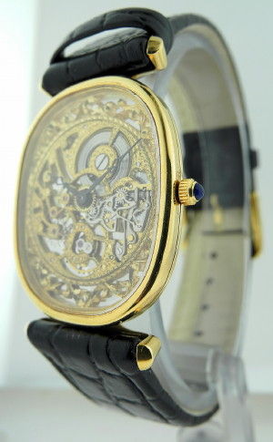 Up for sale is a A gentleman's very fine, rare, skeletonized and lavishly hand-engraved Geneva wristwatch Case: 18k gold, glazed push back, crown set with sapphire cabochon. Dial: skeletonized, hand-engraved, cathedral hands. Movm.: bridge movement,