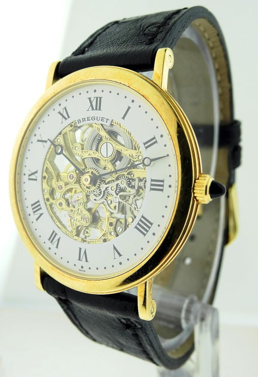 Up for sale is a Breguet, Skeleton, case No. 4257, Ref. 486. Made in the 1990's. Fine and elegant, thin, skeletonized, 18K yellow gold wristwatch. C. Three-body, solid, polished, cabochon sapphire-set winding-crown, straight lugs, snap-on