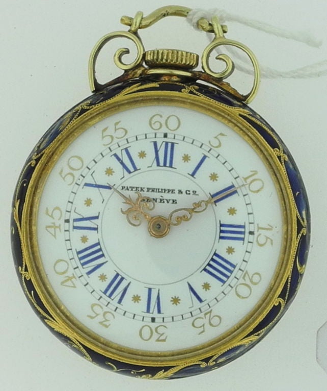 Up for sale is a Patek Philippe& Co. Geneve, 18kYG enamel pendant watch with repousse outer case depicting Venus and Amor. Inner case - gold enamel, the back cover engine- turned and translucent cobalt blue enameled, the center with a diamond set