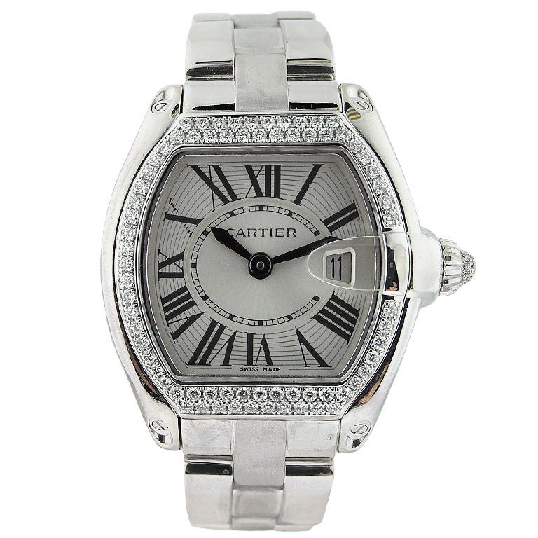 CARTIER, Lady's ROADSTER White Gold Diamond Bracelet Wristwatch For Sale