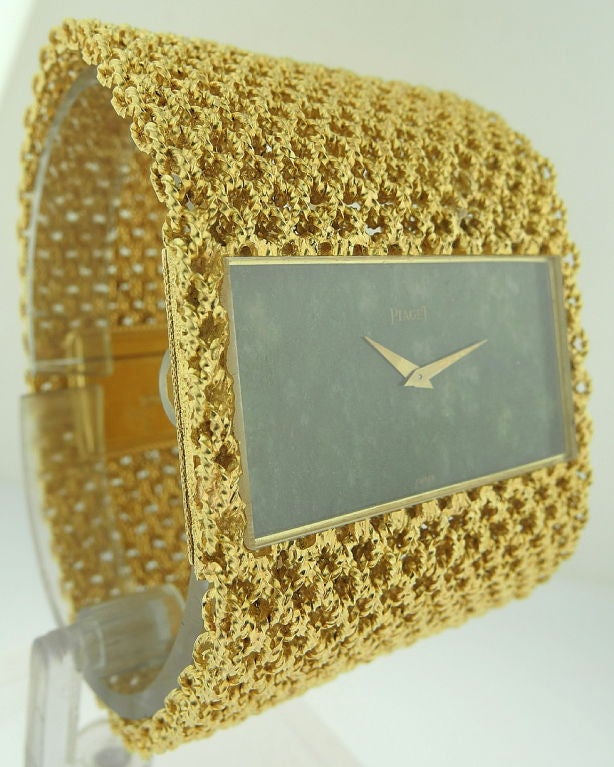 Women's Piaget Ladies Yellow Gold Wide Bracelet Watch with Jade Dial