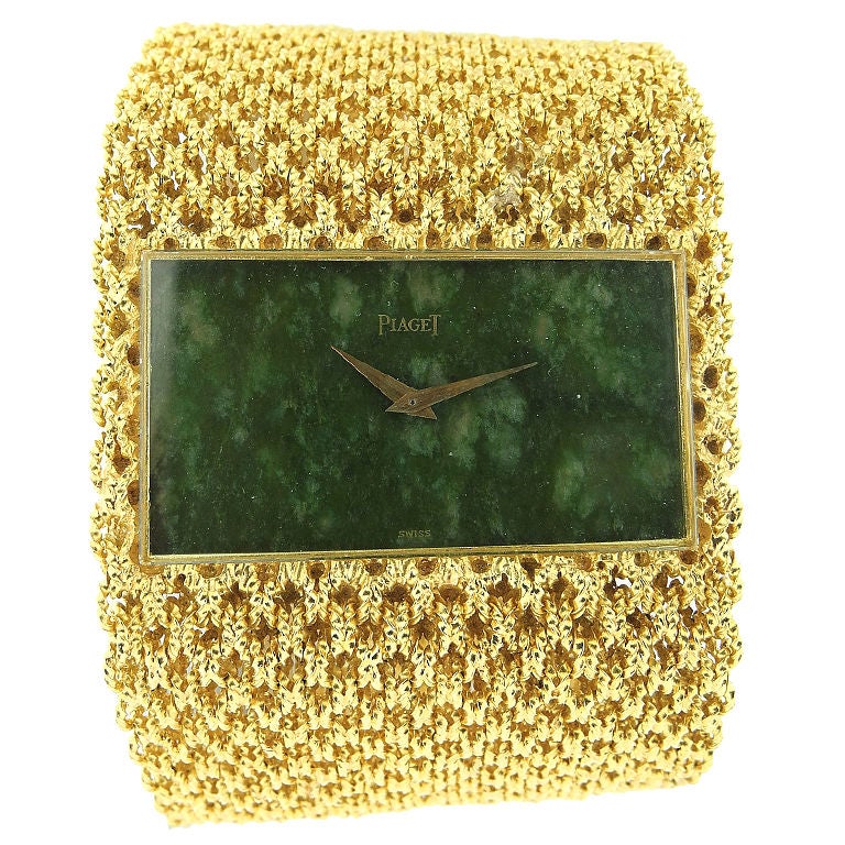 Piaget Ladies Yellow Gold Wide Bracelet Watch with Jade Dial