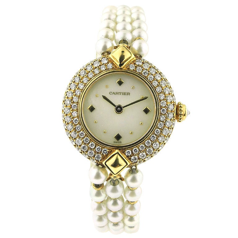 CARTIER Pearl Diamond Gold Bracelet Watch For Sale