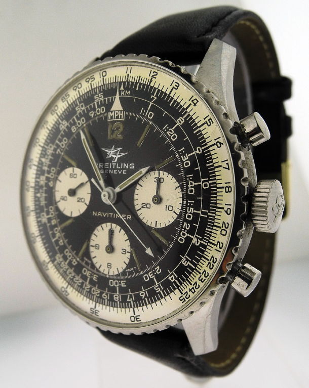 This is a Breitling, Stainless Steel NAVIMETER, Chronograph. Manufactured in circa 1960'. Black dial is in mint condition with with luminous markers, batons. Three silvered sub-dials for the 30-minutes-register at 3 o'clock, the 12-hour-register at