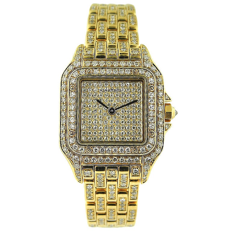 Cartier 'Panthère' Gold & Pave Diamond Dial For Sale