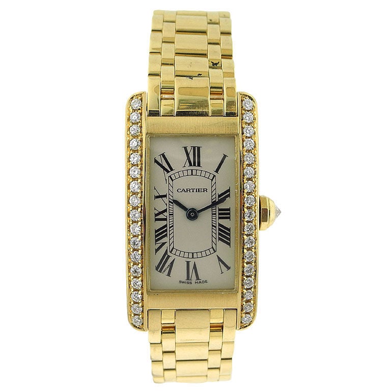 Cartier, Gold 'Tank Americaine' with Diamond Bezel and Crown