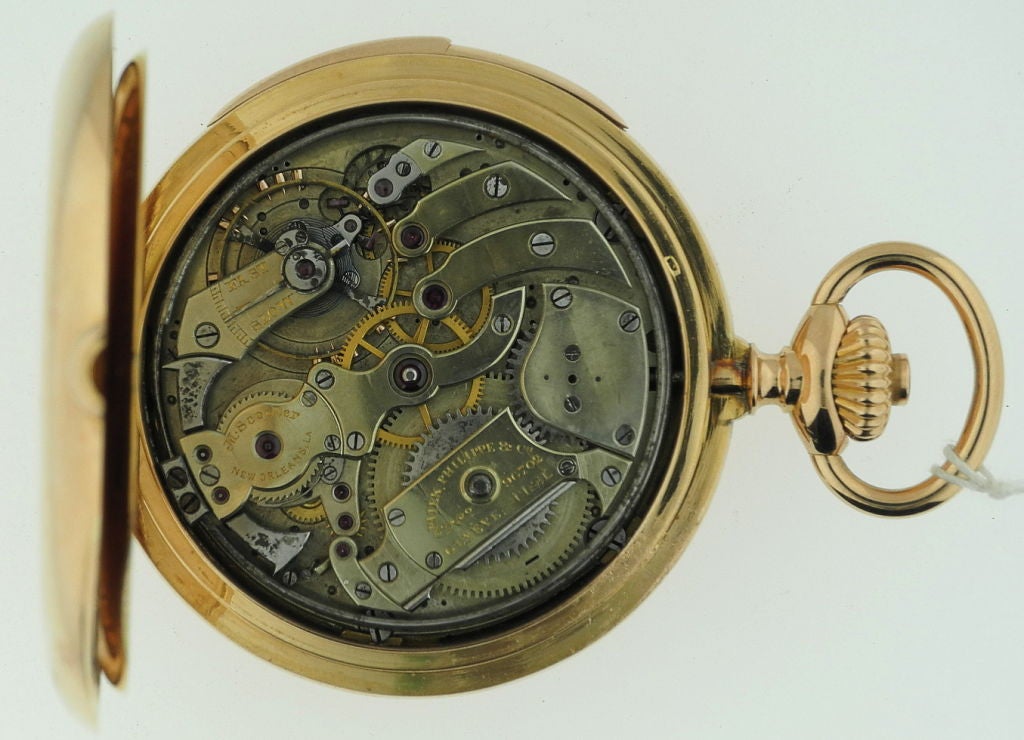 Up for sale is a Patek Philippe minute repeater 18k pink gold hunter case pocket watch, 94gr with white enamel with Louis XV gold hands & Arabic numerals and subsidiary second dial. The case is smooth and unmonogrammed. Comes with black alligator