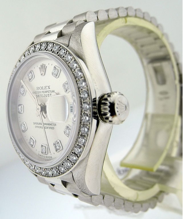 This is a ROLEX Ref. 79136, Ladys' Datejust Diamonds&Platinum, “Oyster Perpetual, Datejust, Superlative Chronometer Officially Certified” wristwatch, case No. P191664. Made in 2000. Very fine and rare, center seconds, self-winding, platinum and
