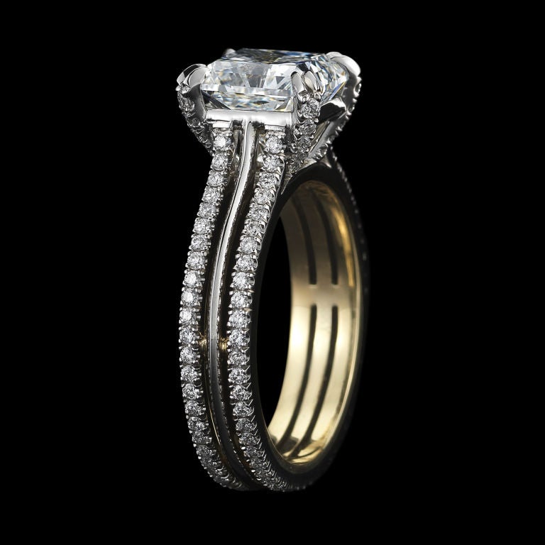 Contemporary Radiant-Cut Diamond Gold Platinum Ring For Sale