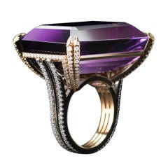 One-of-a-Kind Emerald-Cut Rich Purple Amethyst Diamond Gold Platinum Ring 2