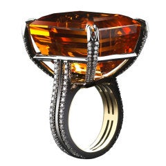 Emerald-cut Intense Yellow Citrine 
Diamond Ring
