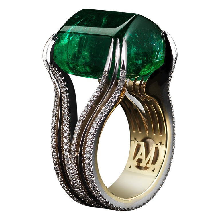 A One-Of-A-Kind Sugarloaf Cabochon Emerald and Diamond ring at 1stDibs