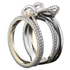 Contemporary Pearl Diamond Platinum Bow Ring 6
