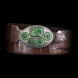 An Alexandra Mor one-of-a-kind belt buckle in 18 Karat gold set with signature details of 1mm melee bands and knife-edged wire. Carved Antique green Jades set around baroque grey Pearls on a hand made textured surface, set with a mix of 1.1mm 1.3mm