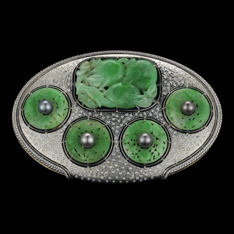 Jade Diamonds and Baroque Pearl Belt Buckle In New Condition In New York, NY
