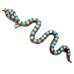 Antique Turquoise Diamond Gold Serpent Pin