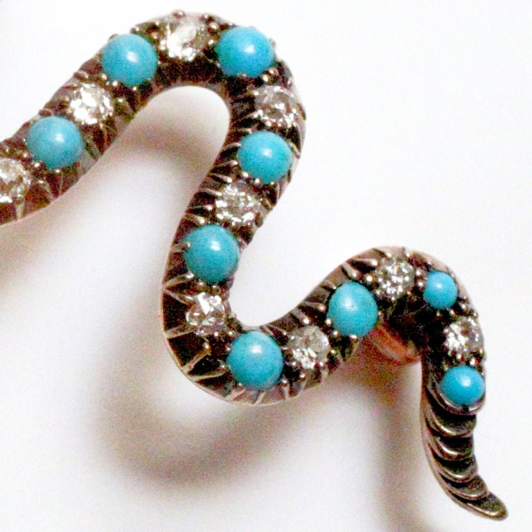 Victorian Antique Turquoise Diamond Gold Serpent Pin