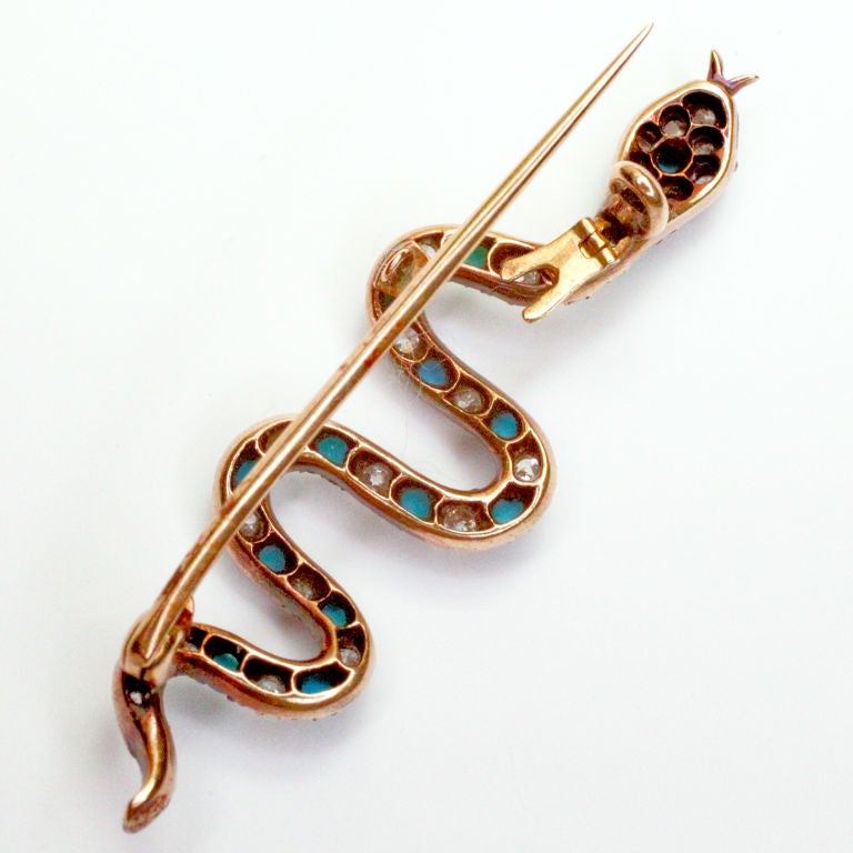 Antique Turquoise Diamond Gold Serpent Pin In Excellent Condition In New York, NY