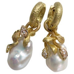 Pearl Diamond and Gold Earrings Hand Hammered