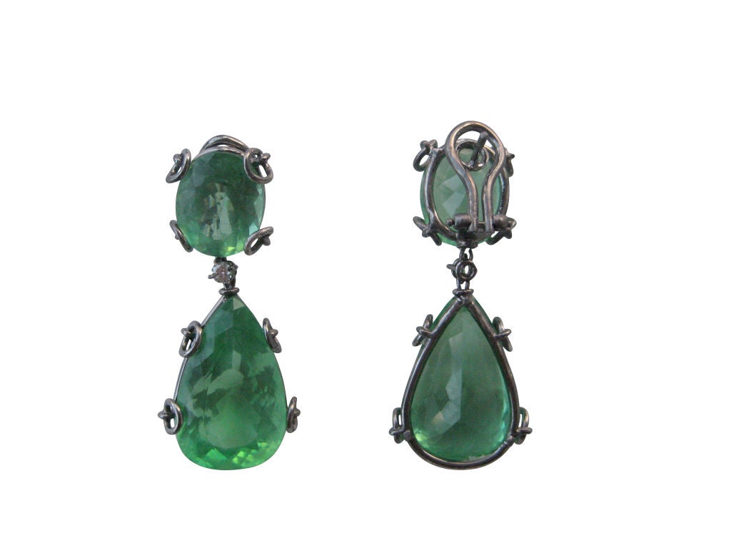 2 inch long earrings with round and pear shaped green quartz in 18K blacken gold with 2 diamonds.<br />
<br />
Hand made in Rome, Italy<br />
<br />
Unique pair