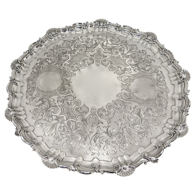 21" Large Round Antique, Sterling Silver Footed Tray / Salver