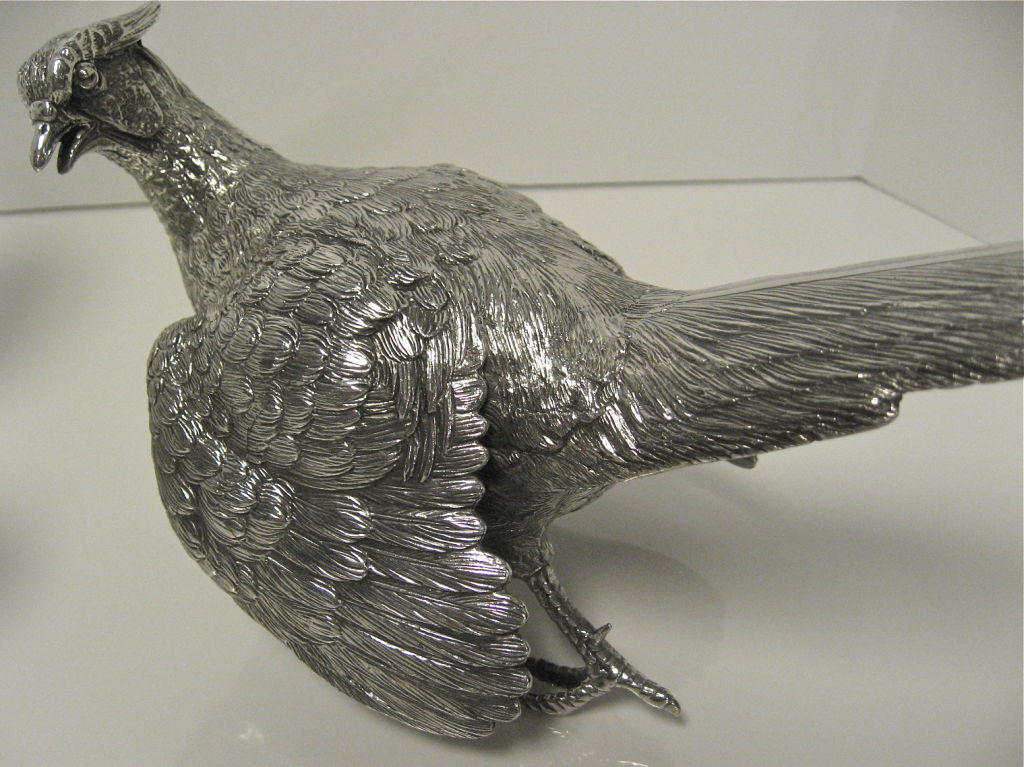 Exceptional Quality Pair Of Sterling Silver Pheasants. Male & Female With The Opposing Poses. Both Fully And Correctly Hallmarked Underneath Tail. They Are Solid Silver, Not Weighted Or Filled. The Length Of The Longest Is 11 1/2