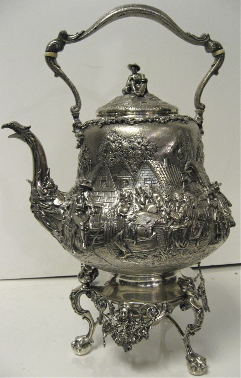 A Most Amazing, Highly Repousse Tea & Coffee Service In The Teniers Style. Teniers, The Family Name Of Flemish Artists Who Flourished In Antwerp & Brussels During The 17th Century. David Teniers Born In 1582, Studied Under Rubens In Antwerp And Then