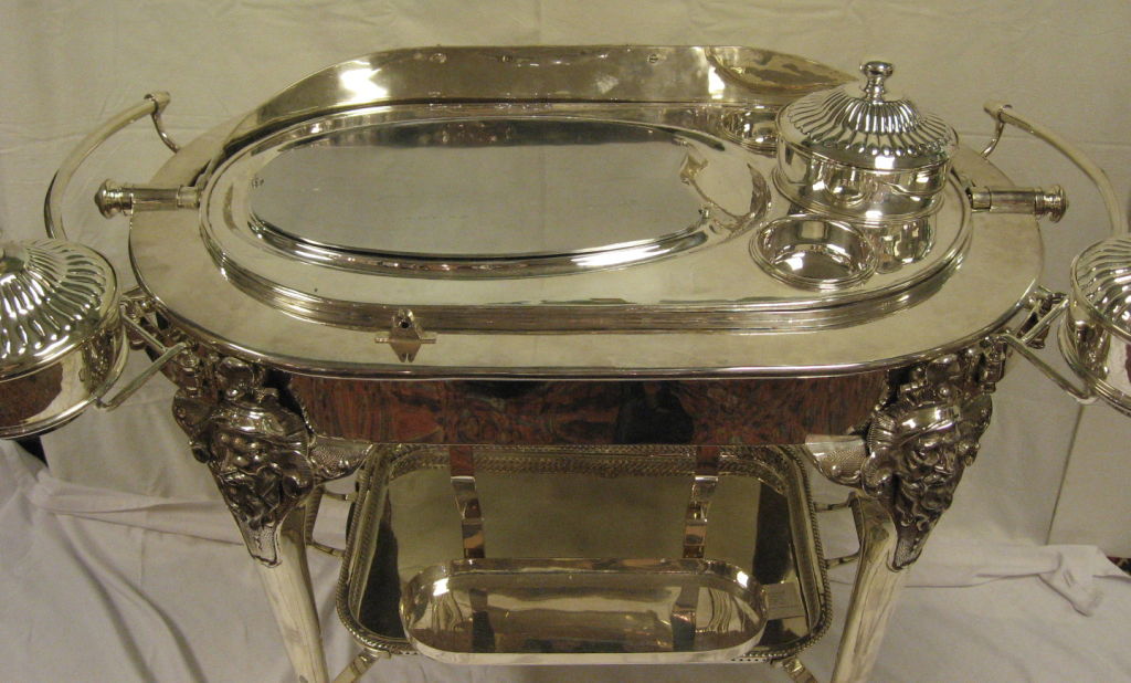 A Very Large Silver Plated Meat Trolley, Complete With Tureens, Sauce Pots And Tray. All In Great Condition. Three Burners Are Suspended Beneath The Hot Water Compartment, Which Is Mounted With 2 Sauce Pots, Soup And Carving Surface. The Domed Top