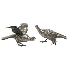 Large, Decorative Pr Of Antique Silver Pheasants