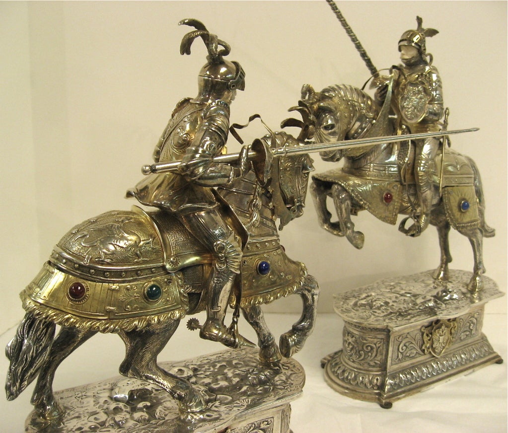 Fantastic Quality And Beautifully Detailed Pair Of Mounted Knights In Armor. Sterling Silver With Vermeil Highlights. Besides The Colored Stones And The Faces Of The Knights The Entire Pieces Are Solid Silver. The Bases Are 7 3/4