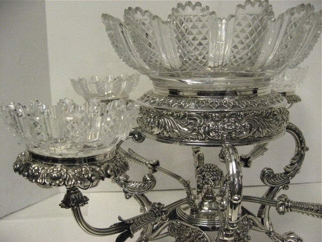 Antique English, George III, Sterling Silver 4 Arm Epergne / Centerpiece. Large Center Crystal Bowl With 4 Matching Side Bowls. Arms Detach. Each Piece Is Fully & Correctly Hallmarked