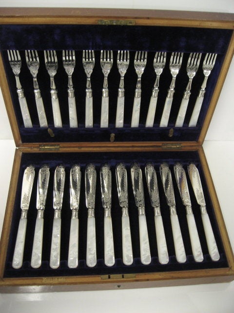 Women's or Men's Antique English Fish Knives & Forks With Sterling Silver Blades